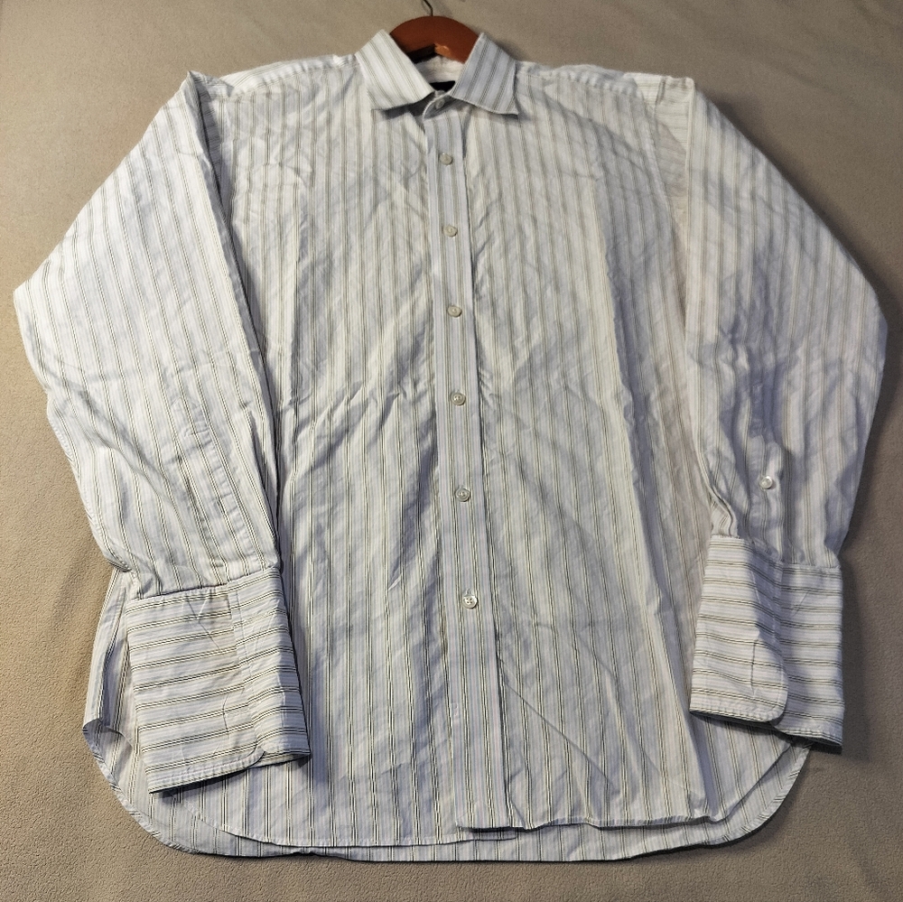 Robert TalbotMen's Striped Button-Down Dress Shirt White& Blue Sz 15.5